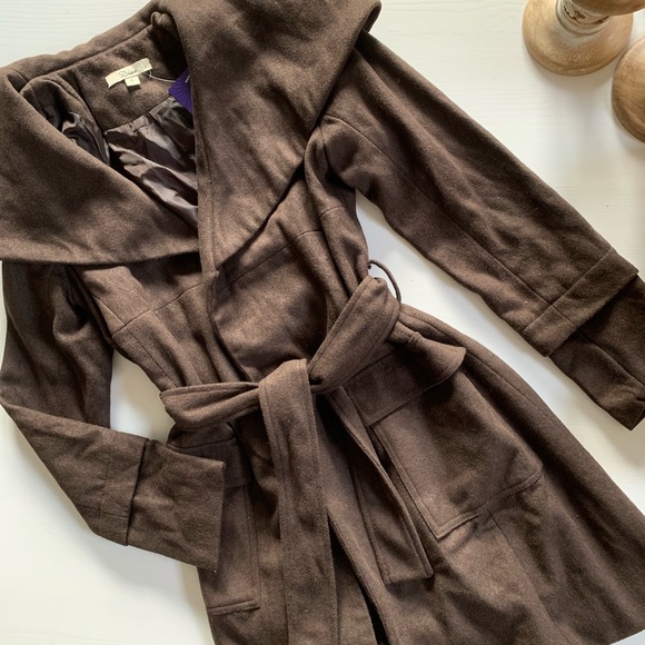 NWT Dark Brown Faux Wool Wrap-Tie Coat - Picture 11 of 13
